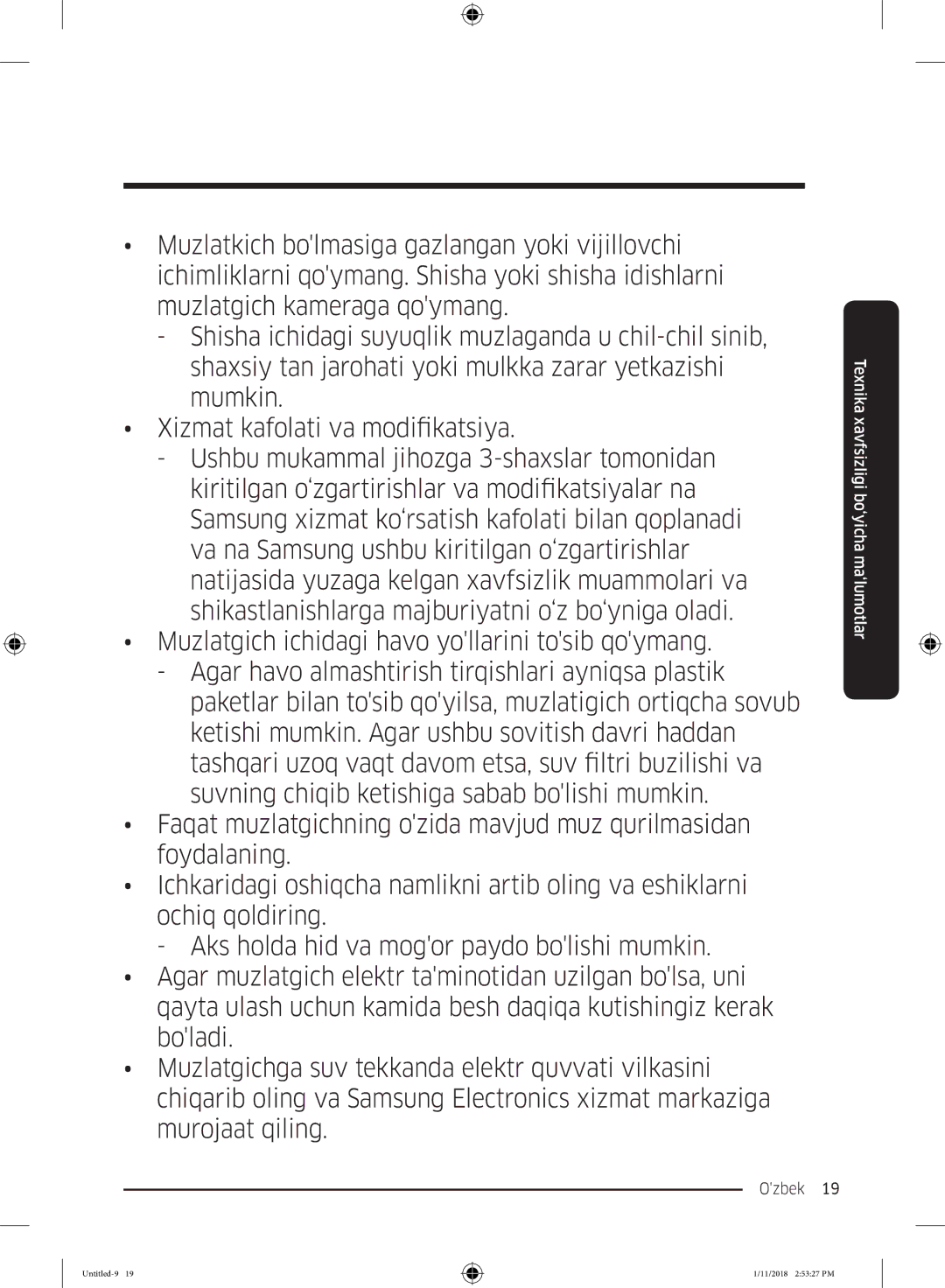 Samsung RT53K6340UT/WT, RT46K6360EF/WT, RT43K6000EF/WT, RT46K6360SL/WT, RT43K6360WW/WT, RT53K6340SL/WT manual Ozbek  